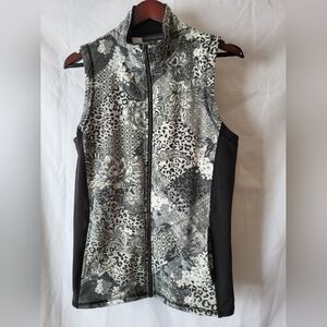 Womans Black & White Printed Zip-Front Vest Sleeveless Large